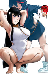 Rule 34 | 2girls, armpit crease, armpits, arms behind head, arms up, bakkanki, barefoot, black hair, blue eyes, blush, breasts, cellphone, chain, chain leash, competition swimsuit, holding, holding phone, incest, kill la kill, kiryuuin satsuki, large breasts, leash, leotard, long hair, looking at phone, matoi ryuuko, midriff, multicolored hair, multiple girls, one-piece swimsuit, open mouth, phone, pleated skirt, red hair, selfie, senketsu, short hair, siblings, simple background, sisters, skirt, smartphone, smile, spread legs, squatting, streaked hair, suspenders, sweat, swimsuit, taking picture, thick eyebrows, thighs, tipetoes, white leotard, yuri