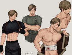 Rule 34 | 1boy, abs, bandages, bandaid on stomach, bara, belt, black belt, black gloves, black pants, black shirt, blue eyes, body markings, brown hair, brown jacket, chbai s, clothes lift, crossed arms, fingerless gloves, gloves, green pants, green shirt, grey background, highres, injury, jacket, leather, leather jacket, leon s. kennedy, male focus, multiple views, navel, nipples, open clothes, open jacket, pants, resident evil, resident evil 4, shirt, shirt lift, short hair, simple background, topless male, twitter username