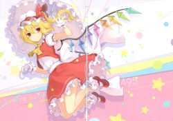 Rule 34 | 1girl, 6u (eternal land), absurdres, ascot, blonde hair, bloomers, character name, crease, flandre scarlet, gloves, hat, heart, heart hands, highres, looking at viewer, mary janes, mob cap, open mouth, orange eyes, parasol, ribbon, scan, scan artifacts, shoes, side ponytail, smile, solo, touhou, umbrella, underwear, white gloves, white hat