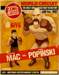 Rule 34 | 1987, 2boys, bald, boots, bottle, boxing, boxing gloves, briefs, character name, cross-laced footwear, dated, dollar sign, facial hair, facing viewer, fake poster, full body, hammer and sickle, height difference, january, lace-up boots, little mac, lowres, male underwear, multiple boys, muscular, muscular male, mustache, nintendo, percentage, poster (medium), price, punch-out!!, soda popinski, standing, underwear