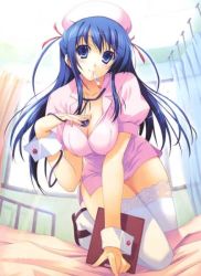Rule 34 | blue eyes, blue hair, blush, breasts, cleavage, hair ribbon, large breasts, long hair, mouth hold, nurse, ribbon, skirt, smile, solo, stethoscope, thighhighs, tomose shunsaku, white thighhighs, zettai ryouiki