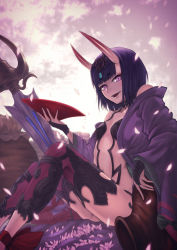 Rule 34 | 1girl, :d, absurdres, blunt bangs, breasts, cherry blossoms, cleavage, cup, fang, fate/grand order, fate (series), hair ornament, highres, holding, horns, leggings, looking at viewer, open mouth, outdoors, pink eyes, purple hair, purple leggings, revealing clothes, sakazuki, short hair, shuten douji (fate), sitting, small breasts, smile, solo, yasu (segawahiroyasu)