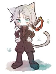 Rule 34 | 1boy, :3, aged down, animal ears, animal hands, armor, belt, black belt, black coat, black footwear, black pants, blush stickers, boots, cat boy, cat ears, cat tail, chest strap, chibi, coat, commentary request, final fantasy, final fantasy vii, final fantasy vii ever crisis, green eyes, grey hair, hands on own hips, highres, katana, kemonomimi mode, knee boots, light smile, long sleeves, male focus, medium hair, pants, pauldrons, paw print, plamt cat, sephiroth, shadow, shoulder armor, signature, solo, standing, sweater, sword, tail, turtleneck, turtleneck sweater, weapon, weapon on back, white background