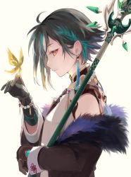 Rule 34 | 1boy, aqua hair, bead bracelet, bead necklace, beads, black gloves, black hair, bracelet, closed mouth, crystalfly (genshin impact), earrings, from side, fur trim, genshin impact, gloves, green hair, highres, holding, holding polearm, holding weapon, jewelry, long sleeves, looking at viewer, male focus, multicolored hair, necklace, polearm, primordial jade winged-spear (genshin impact), profile, seri gnsn, simple background, spear, tassel, tassel earrings, upper body, weapon, xiao (genshin impact), yellow background