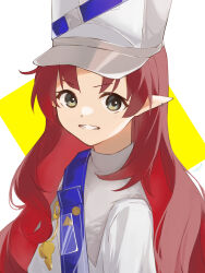 Rule 34 | 1girl, absurdres, arknights, brown eyes, brown hair, grin, hat, highres, long hair, looking at viewer, motoha, myrtle (arknights), myrtle (light gold celebration) (arknights), parted bangs, pointy ears, shako cap, shirt, signature, smile, solo, two-tone background, upper body, v-shaped eyebrows, very long hair, white background, white hat, white shirt, yellow background