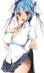 Rule 34 | 10s, blouse, blue hair, blunt bangs, bracelet, breasts, bun (hiyokomame), cleavage, clothes lift, commentary request, green nails, hair ribbon, hand on own chest, i-19 (kancolle), jewelry, kantai collection, large breasts, multicolored hair, nail polish, open mouth, panties, pink hair, plaid, plaid skirt, red eyes, ribbon, shirt, side-tie panties, side-tie peek, skirt, skirt lift, smile, solo, star-shaped pupils, star (symbol), symbol-shaped pupils, translation request, twintails, unbuttoned, underwear