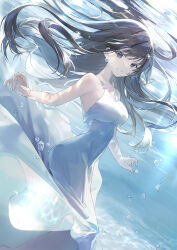 Rule 34 | 1girl, air bubble, bare arms, bare shoulders, black hair, breasts, bubble, commentary request, dress, earrings, grey eyes, jewelry, kagachi saku, looking at viewer, medium breasts, original, sleeveless, sleeveless dress, smile, solo, swept bangs, underwater, water, white dress