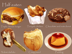 Rule 34 | bread bun, cheese, daifuku, dessert, english text, engrish text, food, food focus, fried chicken, highres, ice cream, kaneko ryou, meat, no humans, nut (food), original, paper, pastry, plate, pudding, ranguage, realistic, sauce, simple background, still life, wrapper