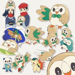 Rule 34 | 1boy, 1girl, :&gt;, :d, akari (pokemon), alternate color, beak, bird, black eyes, black hair, blue jacket, blue kimono, blue sash, bow, bowtie, cabbie hat, creatures (company), cyndaquil, decidueye, dreaming, game freak, gen 2 pokemon, gen 5 pokemon, gen 7 pokemon, green bow, green bowtie, hat, head scarf, highres, holding, holding pokemon, jacket, japanese clothes, kimono, leaf, long sleeves, nintendo, on head, open mouth, oshawott, otter, owl, petting, pokemon, pokemon (creature), pokemon legends: arceus, pokemon on head, red headwear, red scarf, rei (pokemon), rowlet, rozu ki, sash, scarf, shell, shiny and normal, shiny pokemon, sidelocks, sleeping, smile, sparkle, thought bubble, triangle mouth, wide sleeves