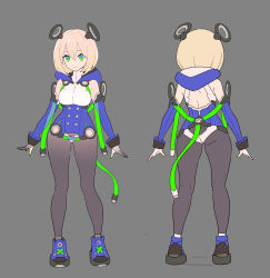 Rule 34 | 1girl, arms at sides, ass, blonde hair, blue eyes, breasts, closed mouth, concept art, contrapposto, detached hood, elbow gloves, enkyo yuuichirou, female focus, flat color, full body, gloves, green eyes, green nails, grey background, hair between eyes, hair ornament, highres, hood, hood down, large breasts, looking at viewer, medium hair, multicolored eyes, multiple views, nail polish, original, panties, partially fingerless gloves, shoes, simple background, smile, standing, tail, underwear