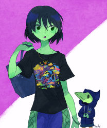 Rule 34 | 1boy, 1girl, artist name, bad id, bad pixiv id, bag, black hair, bracelet, breasts, casual, chibi, colored skin, contemporary, green eyes, green skin, hair between eyes, handbag, hood, hoodie, jewelry, mona (shovel knight), necklace, open mouth, over shoulder, own hands together, pants, plague doctor mask, plague knight, purple background, sachy (sachichy), shirt, short hair, short sleeves, shovel knight, signature, small breasts, t-shirt, two-tone background, upper body, white background