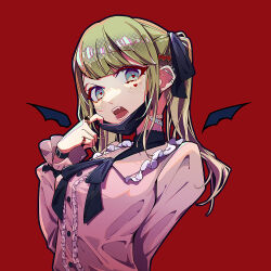 Rule 34 | 1girl, bandaid, bandaid on neck, black ribbon, blonde hair, blue eyes, blush, crossover, facial mark, fangs, hair ribbon, heart, heart-shaped pupils, hiro chikyuujin, long hair, long sleeves, looking at viewer, mask, mask pull, mouth mask, multiple crossover, neck ribbon, open mouth, pink shirt, red background, ribbon, shirt, simple background, solo, symbol-shaped pupils, twintails, upper body, vampire (vocaloid), vocaloid