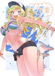 Rule 34 | 1girl, anklet, arched back, armpits, baseball cap, belt, bikini, blonde hair, blue eyes, blush, bracelet, breasts, cleavage, commentary request, denim, denim shorts, eyebrows hidden by hair, front-tie bikini top, front-tie top, goshiki suzu, hat, idolmaster, idolmaster cinderella girls, jewelry, jumping, long hair, looking at viewer, multicolored bikini, multicolored clothes, navel, necklace, ohtsuki yui, open belt, open mouth, outstretched arms, sandals, short shorts, shorts, side-tie bikini bottom, smile, solo, spread arms, stomach, striped bikini, striped clothes, swept bangs, swimsuit, unbuckled, unbuttoned, wavy hair, zipper