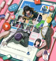 Rule 34 | ..., 1boy, 1girl, absurdres, bandaged hand, bandages, black hair, blazer, blunt bangs, bow, bowtie, cable, can, captcha, close-up, drinking straw, drinking straw in mouth, envelope, faceless, fine art parody, heart, highres, holding, holding phone, ikuta41, jacket, kenmochi touya, logo, long hair, marshmallow (site), middle finger, nazono mito, necktie, nijisanji, openai, parody, phone, pink nails, play button, purple hair, red bow, red bowtie, red necktie, safari (browser), school uniform, short hair, spoken ellipsis, the persistence of memory, through medium, through screen, tsukino mito, tsukino mito (1st costume), virtual youtuber