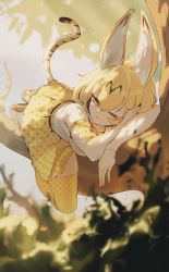 Rule 34 | 1girl, absurdres, animal ears, bad id, bad pixiv id, blonde hair, elbow gloves, gloves, highres, jin rou, kemono friends, looking down, lying, one eye closed, serval (kemono friends), serval tail, short hair, solo, tail, thighhighs