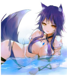 Rule 34 | 1girl, animal ear fluff, animal ears, bikini, breast hold, breasts, cleavage, commentary, commentary request, cygames, highres, large breasts, long hair, looking at viewer, lying, makoto (princess connect!), makoto (summer) (princess connect!), navel, on side, open mouth, peanutc, princess connect!, purple bikini, purple hair, purple shorts, see-through, shorts, side-tie bikini bottom, simple background, solo, swimsuit, tail, water, white background, wolf ears, wolf girl, wolf tail, yellow eyes