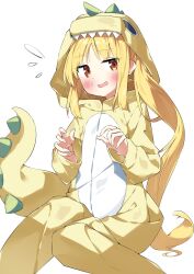 Rule 34 | 1girl, :d, blonde hair, blush, bocchi the rock!, commentary request, dinosaur costume, dinosaur hood, dinosaur tail, feet out of frame, flying sweatdrops, highres, hood, hood up, ijichi nijika, knees together feet apart, long hair, long sleeves, nervous smile, open mouth, parted bangs, red eyes, side ponytail, simple background, sitting, sleeves past wrists, smile, solo, suta0822, tail, very long hair, white background