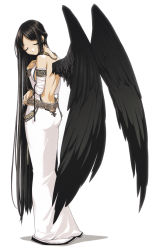 Rule 34 | 1girl, absurdres, artist request, backless dress, backless outfit, black hair, black wings, breasts, commentary request, copyright request, dress, closed eyes, from behind, full body, hand on own chest, highres, long hair, mabinogi, medium breasts, morrighan, simple background, solo, standing, very long hair, white background, wings