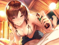 Rule 34 | 1boy, 1girl, all fours, bad id, bad pixiv id, bikini, blush, bottle, breasts, brown eyes, brown hair, front-tie bikini top, front-tie top, grin, half-closed eyes, holding, holding bottle, indoors, looking at viewer, lotion, lying, medium breasts, on back, original, parted lips, pov, ryuji (ikeriu), smile, solo focus, swimsuit, white bikini