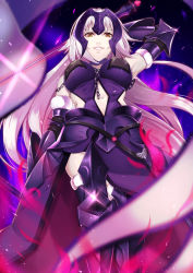 Rule 34 | 1girl, arm warmers, armor, breasts, chain, fate/grand order, fate (series), forehead protector, gauntlets, glint, glowing, glowing weapon, hand up, headpiece, holding, holding sword, holding weapon, jeanne d&#039;arc (fate), jeanne d&#039;arc alter (avenger) (fate), jeanne d&#039;arc alter (avenger) (third ascension) (fate), jeanne d&#039;arc alter (fate), large breasts, light particles, long hair, looking down, navel, parted lips, purple armor, romuni, smile, solo, standing, sword, weapon, white hair, yellow eyes