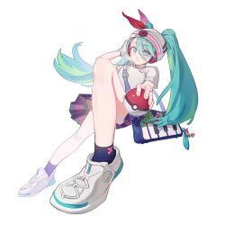 Rule 34 | 1girl, aqua eyes, bag, beanie, closed mouth, commentary, creatures (company), full body, game freak, gloves, green hair, hair between eyes, hair ribbon, hand up, hat, hatsune miku, highres, holding, holding poke ball, knees, long hair, meito (tomakary), nintendo, pleated skirt, poke ball, poke ball (basic), pokemon, project voltage, psychic miku (project voltage), ribbon, shirt, shoes, short sleeves, shoulder bag, simple background, skirt, smile, socks, solo, twintails, vocaloid, white background
