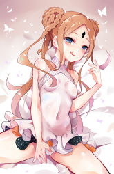Rule 34 | 1girl, abigail williams (fate), abigail williams (swimsuit foreigner) (fate), absurdres, artist request, bare shoulders, black bow, blonde hair, blue eyes, blush, bow, braid, braided bun, breasts, covered navel, double bun, dress swimsuit, fate/grand order, fate (series), forehead, hair bun, heart, heart-shaped pupils, highres, keyhole, licking lips, long hair, looking at viewer, multiple bows, one-piece swimsuit, orange bow, parted bangs, sidelocks, small breasts, smile, solo, swimsuit, symbol-shaped pupils, tongue, tongue out, twintails, very long hair, white one-piece swimsuit