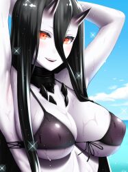 Rule 34 | 1girl, absurdres, abyssal ship, arms behind head, arms up, battleship princess, bikini, black bikini, black hair, blush, breasts, colored skin, hair between eyes, highres, horns, kantai collection, large breasts, long hair, looking at viewer, ocean, red eyes, skin-covered horns, skindentation, smile, solo, sparkle, swimsuit, upper body, uron-rei, very long hair, wet, white skin