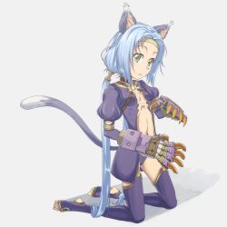Rule 34 | 1girl, animal ears, blue hair, cat ears, cat tail, closed mouth, feet, full body, gloves, green eyes, highres, kaien advance, long hair, looking at viewer, low twintails, meracle chamlotte, navel, simple background, solo, star ocean, star ocean the last hope, tail, thighhighs, twintails, weapon, white background