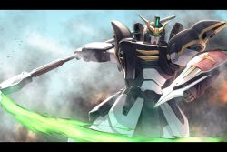 Rule 34 | beam scythe, commission, energy weapon, eye trail, green eyes, gundam, gundam deathscythe, gundam wing, highres, holding, holding shield, holding weapon, itaco, letterboxed, light trail, mecha, mobile suit, no humans, robot, science fiction, shield, skeb commission, solo, v-fin, weapon