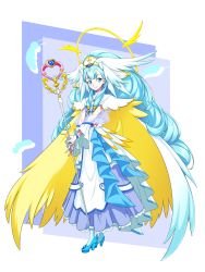 Rule 34 | 10s, 1girl, adapted costume, alternate costume, blue dress, blue eyes, blue footwear, blue hair, cape, cure ange, dress, earrings, embellished costume, feathers, frills, gem, hair ornament, halo, head wings, high heels, highres, holding, holding staff, hugtto! precure, jewelry, long hair, looking at viewer, magical girl, matatabi (karukan222), precure, see-through, smile, solo, staff, standing, winged footwear, wings, wrist cuffs, yakushiji saaya
