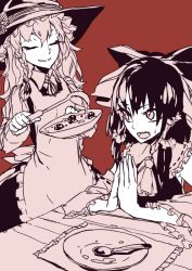Rule 34 | 2girls, apron, ascot, black hair, bowl, braid, closed eyes, detached sleeves, empty bowl, eyelashes, food, hair tubes, hakurei reimu, hat, kirisame marisa, ladle, long hair, monochrome, multiple girls, mushroom, own hands together, placemat, plate, red background, simple background, sitting, soup, spoon, table, thupoppo, touhou, witch hat