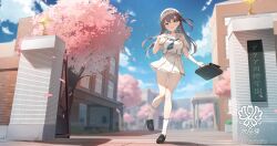 Rule 34 | 1girl, :d, absurdres, aqua eyes, artist name, black footwear, blue necktie, blue sky, blurry, brick wall, briefcase, brown hair, brown sailor collar, building, capelet, cherry blossoms, cherry tree, cloud, cloudy sky, copyright name, crystal dew world, depth of field, falling petals, gold trim, hair ornament, hairclip, hand up, hat, highres, holding, holding briefcase, light blush, long hair, looking at viewer, necktie, nijihashi sora, official art, open mouth, outdoors, petals, sailor collar, school, school briefcase, school uniform, second-party source, shadow, shirt, skirt, sky, smile, socks, solo, suishou aoi, translation request, white beret, white capelet, white hat, white shirt, white skirt, white socks, wide shot