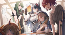 Rule 34 | 1boy, 4girls, :d, absurdres, alcohol, arknights, bare shoulders, beer, beer mug, bison (arknights), black gloves, black hair, blaze (arknights), blue eyes, blue shirt, blush, bottle, breasts, brown gloves, brown hair, collarbone, commentary request, cup, exusiai (arknights), giving up the ghost, gloves, green eyes, green hair, grey shirt, grin, hair between eyes, hairband, highres, holding, holding cup, horns, hoshiguma (arknights), hugging object, indoors, jacket, long hair, medium breasts, mug, multiple girls, nose blush, one eye closed, open mouth, pallas (arknights), parted lips, r oot, red eyes, red hair, red hairband, shirt, short sleeves, single horn, smile, tank top, very long hair, white jacket, white tank top