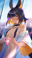 Rule 34 | 1girl, absurdres, animal ears, bare shoulders, black hair, blonde hair, breasts, colored inner hair, commentary, dark-skinned female, dark skin, girls&#039; frontline, girls&#039; frontline neural cloud, heart, heart-shaped pupils, heart hands, highres, imhotep (neural cloud), jacket, long hair, looking at viewer, multicolored hair, navel, nipples, off shoulder, red eyes, small breasts, solo, symbol-shaped pupils, toko yuan zi, two-tone hair, upper body, white jacket