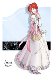 Rule 34 | 1girl, anna (fire emblem), artist name, backless dress, backless outfit, bare shoulders, bow, bride, bride (fire emblem), character name, choker, cm lynarc, commentary, detached sleeves, dress, english commentary, feather trim, female focus, fire emblem, fire emblem heroes, flower, full body, hair flower, hair ornament, high heels, index finger raised, long dress, looking at viewer, matching hair/eyes, nintendo, official alternate costume, pink bow, pink flower, ponytail, red eyes, red hair, short hair, side ponytail, sidelocks, signature, skirt hold, sleeveless, sleeveless dress, smile, solo, strapless, strapless dress, teeth, wedding dress, white dress, white footwear, white sleeves