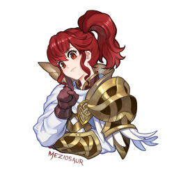 Rule 34 | 1girl, anna (fire emblem), armor, brown gloves, feather trim, fire emblem, fire emblem heroes, gloves, head tilt, looking at viewer, meziosaur, nintendo, puffy sleeves, red eyes, red hair, shoulder armor, side ponytail, sidelocks, smile, solo, upper body, watermark, white background