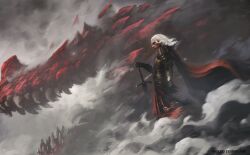 Rule 34 | 1boy, a song of ice and fire, anato finnstark, armor, cape, daemon targaryen, dragon, game of thrones, glowing, glowing eyes, gold armor, highres, holding, holding sword, holding weapon, long hair, looking at viewer, male focus, medieval, monster, realistic, red cape, signature, steam, sword, weapon, white hair
