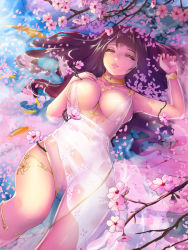 Rule 34 | 1girl, breasts, brown hair, cherry blossoms, circlet, closed eyes, flower, jewelry, large breasts, long hair, loolook, lying, necklace, o-ring, on back, original, see-through, solo