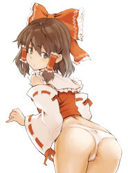 1girl ass blush bow brown_hair detached_sleeves female_focus grey_eyes hair_bow hair_tubes hakurei_reimu looking_back mogg no_pants panties short_hair solo touhou underwear white_panties