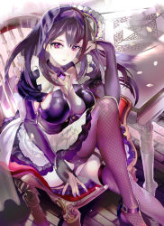 Rule 34 | 119, 1girl, bad id, bad pixiv id, breasts, chair, eyeliner, fate/grand order, fate (series), fishnet thighhighs, fishnets, garter straps, high heels, highres, long hair, maid headdress, makeup, nail polish, parted lips, purple eyes, purple footwear, purple hair, purple nails, purple thighhighs, scathach (fate), scathach skadi (fate), sitting, sleeves past wrists, solo, table, thighhighs