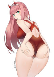 Rule 34 | 1girl, ass, ass grab, bare shoulders, blush, breasts, darling in the franxx, deep skin, from behind, green eyes, harukagi, horns, large breasts, long hair, looking at viewer, looking back, one-piece swimsuit, pink hair, shiny skin, sideboob, solo, swimsuit, very long hair, zero two (darling in the franxx)