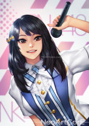 Rule 34 | 1girl, arm up, artist name, black hair, bnk48, bow, brown eyes, buttons, cherprang areekul, commentary, hair bow, holding, holding microphone, long hair, microphone, neoartcore, parted lips, short sleeves, smile, solo, watermark, web address