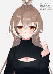 Rule 34 | 1girl, ahoge, black sweater, brown eyes, brown hair, cleavage cutout, clothing cutout, crossed bangs, feather hair ornament, feathers, fingernails, hair ornament, hairclip, heart, highres, hololive, hololive english, long hair, looking at viewer, multicolored hair, nail polish, nanashi mumei, ponytail, smile, streaked hair, sweater, unmeidesu, very long hair, virtual youtuber