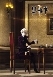 Rule 34 | 1boy, absurdres, alois trancy, blonde hair, board game, chair, checkered floor, chess, floor, highres, kuroshitsuji, male focus, red upholstery, sitting, solo, table