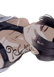 Rule 34 | 1boy, bare shoulders, black hair, black tank top, closed mouth, commentary request, empty eyes, male focus, neck tattoo, nori20170709, sano manjirou, short hair, simple background, solo, tank top, tattoo, tokyo revengers, twitter username, white background