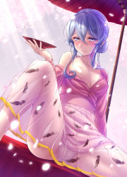 Rule 34 | 1girl, blue eyes, blue hair, blush, breasts, buttons, censored, cherry blossoms, closed mouth, collarbone, cup, drunk, feather print, gotland (kancolle), hair between eyes, highres, holding, holding cup, jewelry, kantai collection, large breasts, long sleeves, medium hair, mole, mole under eye, necklace, official alternate costume, oil-paper umbrella, panties, petals, pink shirt, pink skirt, red umbrella, ryu-akt, sakazuki, shirt, skirt, smile, solo, umbrella, underwear, white panties