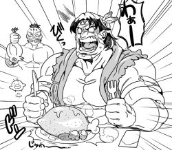 Rule 34 | 2boys, bad id, bad pixiv id, boned meat, capcom, doboshiru, el fuerte, emphasis lines, food, fork, greyscale, knife, luchador, luchador mask, male focus, meat, mexico, monochrome, multiple boys, native american, open mouth, simple background, smile, street fighter, street fighter iv (series), surprised, thunder hawk, white background
