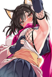 Rule 34 | 1girl, animal ears, armpits, black gloves, black hair, black skirt, blue archive, blush, breasts, cle masahiro, commentary request, fingerless gloves, fishnets, gloves, highres, izuna (blue archive), looking at viewer, medium breasts, ninja, red scarf, scarf, short hair, simple background, sketch, skirt, solo, sweat, white background, yellow eyes