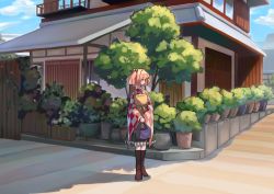 Rule 34 | 1girl, absurdres, apron, bell, character name, checkered clothes, checkered kimono, clothes writing, frogsnake, hair bell, hair bobbles, hair ornament, highres, house, japanese clothes, kimono, motoori kosuzu, orange hair, outdoors, plant, potted plant, red eyes, solo, standing, touhou, tree, twintails