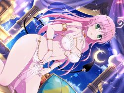 Rule 34 | 1girl, ahoge, body blush, bra, breasts, crescent moon, crossover, demon tail, gold armlet, gold bracelet, gold circlet, gold collar, green eyes, harem outfit, jewelry, lala satalin deviluke, lens flare, lens flare abuse, light particles, linea alba, long hair, looking at viewer, middle eastern architecture, moon, navel, no panties, official alternate costume, official art, parted lips, pelvic curtain, pillar, pillow, pink hair, revealing clothes, senran kagura, senran kagura new link, shiny skin, sky, solo, sparkle, star (sky), starry sky, tail, tail ornament, tail ring, tassel, to love-ru, to love-ru darkness, underwear, white bra, window, yaegashi nan